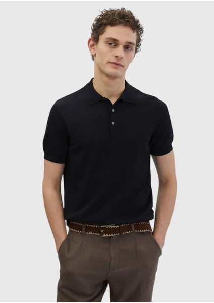 Siyah Polo Yaka Düz Örgü Triko
