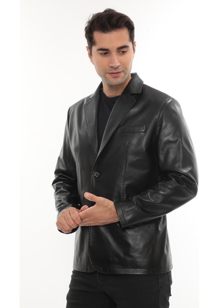 Erkek Puntolu Hakiki Deri Blazer Ceket
