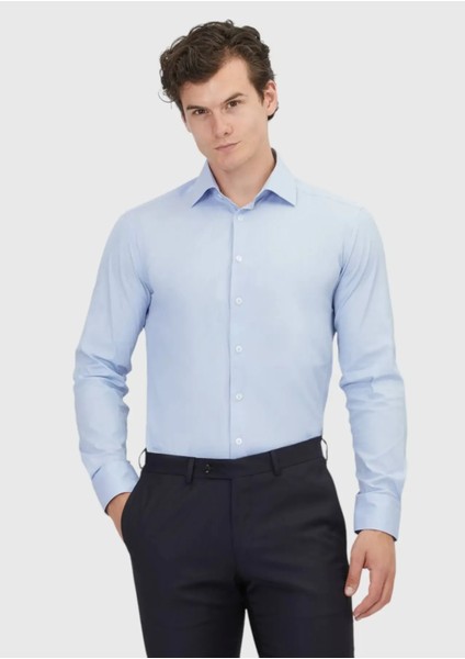 Mavi Düz Regular Fit Dokuma Klasik Pamuk Karışımlı Gömlek