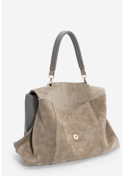 Kadın Hakiki Deri Fermuarlı Çıkabilen İç Cepli El ve Omuz Çantası Ornis Vizon Süet