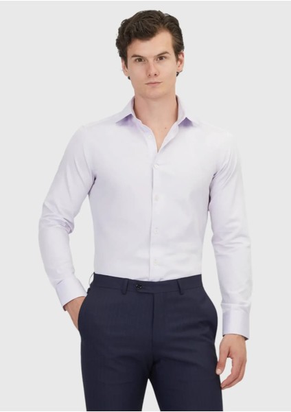 Lila Düz Slim Fit Dokuma Klasik %100 Pamuk Gömlek