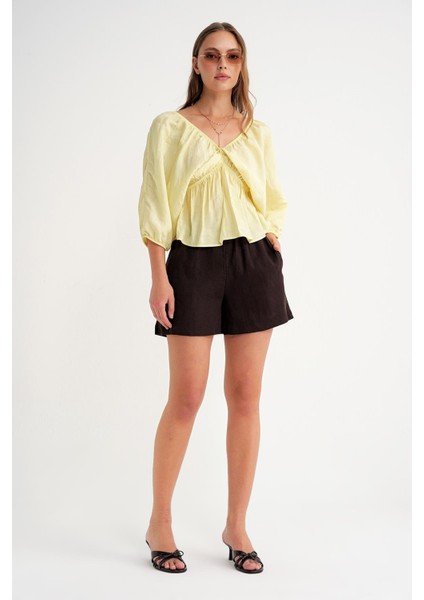 4703 Kadın V Yaka Lastikli Modal Bluz Sarı fiyatları