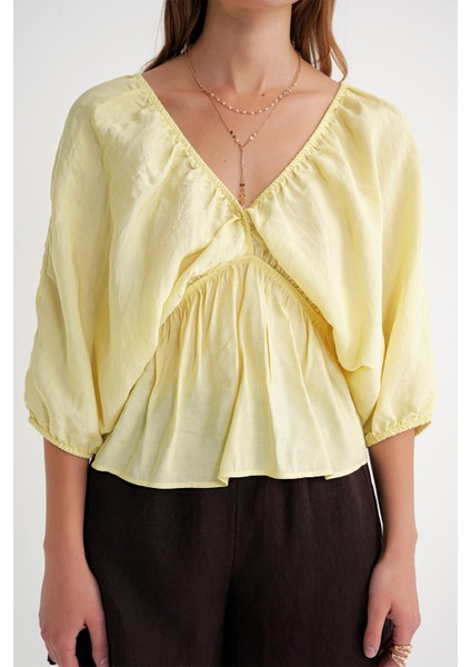 4703 Kadın V Yaka Lastikli Modal Bluz Sarı indirimleri