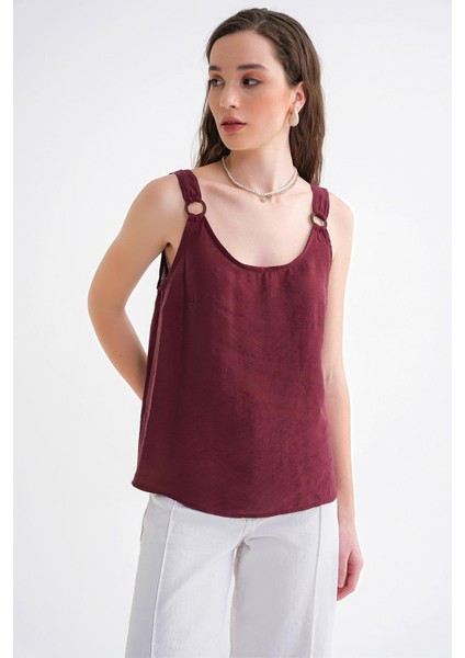 4666 Kadın Toka Detaylı Modal Bluz Bordo