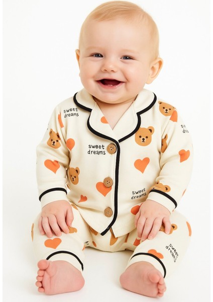 Tuem Baby Unisex Kalpli Ayıcık Baskılı Uzun Kollu Alt Beli Lastikli Pijama Takımı 6-9 Ay/ 9-12 Ay/ 12-18 Ay/ 18-24 Ay