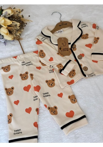 Tuem Baby Unisex Kalpli Ayıcık Baskılı Uzun Kollu Alt Beli Lastikli Pijama Takımı 6-9 Ay/ 9-12 Ay/ 12-18 Ay/ 18-24 Ay modelleri