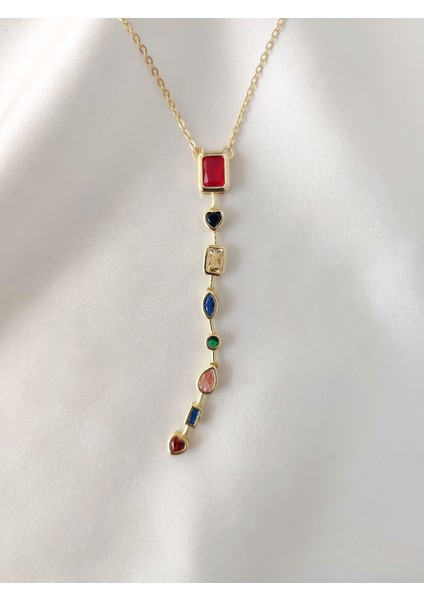 Kadın Çelik Renkli Zirkon Taşlı Y Kolye