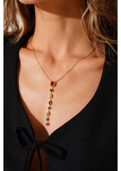 Kadın Çelik Renkli Zirkon Taşlı Y Kolye modelleri