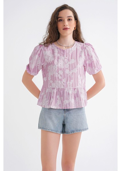 4701 Kadın Çiçek Baskılı Peplum Bluz Pembe fiyatları
