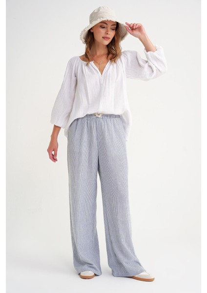 4707 Kadın Yakası Büzgülü Kolu Lastikli Bol Müslin Bluz Beyaz fiyatları