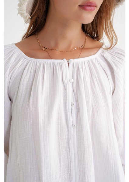 4707 Kadın Yakası Büzgülü Kolu Lastikli Bol Müslin Bluz Beyaz fırsatları