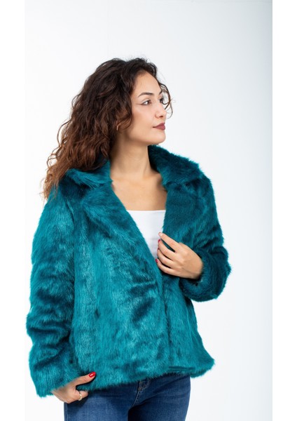 Petrol Mavisi Ingiliz Yaka Kürk Mont Ceket