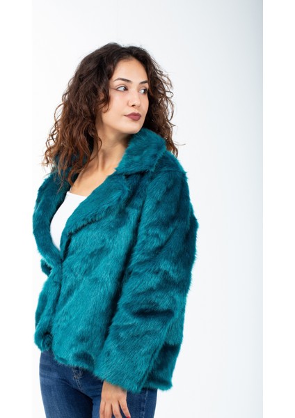 Petrol Mavisi Ingiliz Yaka Kürk Mont Ceket modelleri