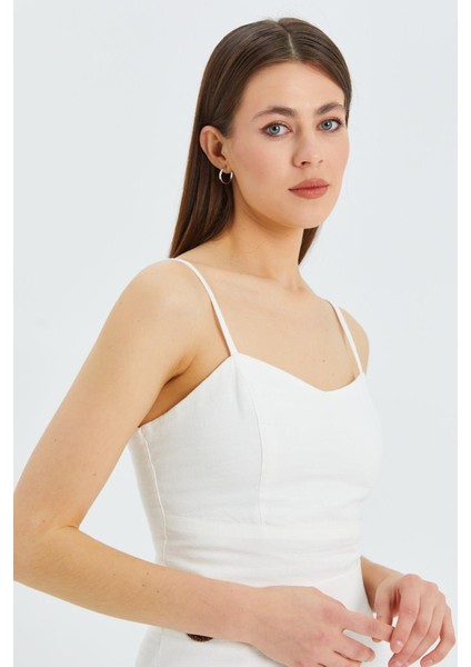 4564 Kadın Gipe Detaylı Askılı Keten Bluz Ekru indirimleri