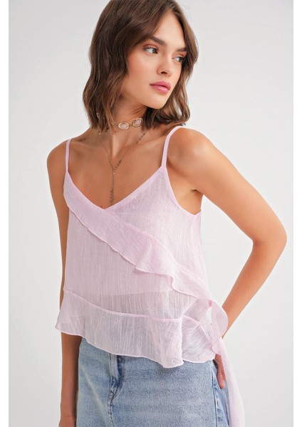 4736 Kadın Fırfırlı Askılı Bluz Pembe