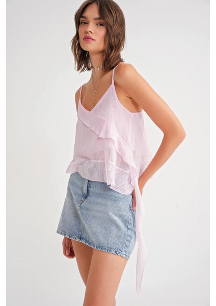 4736 Kadın Fırfırlı Askılı Bluz Pembe modelleri