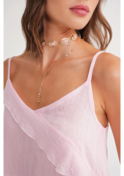 4736 Kadın Fırfırlı Askılı Bluz Pembe indirimleri