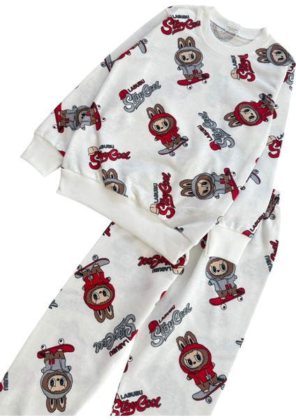 Erkek Çocuk Pamuklu Beyaz Renk Labubudesenli Mevsimlik Pijama Takımı modelleri