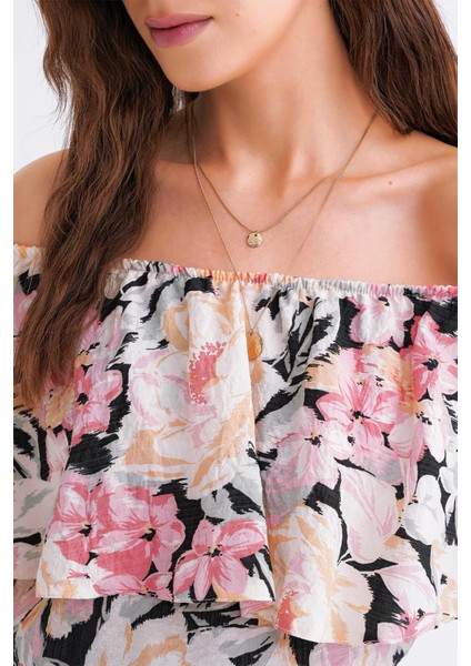 4648 Kadın Omzu Düşük Volanlı Çiçek Desenli Bluz Pembe fırsatları