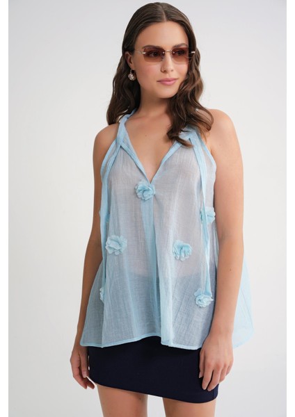 4719 Kadın Çicek Detaylı Transparan Bağlamalı Bluz Bebe Mavi