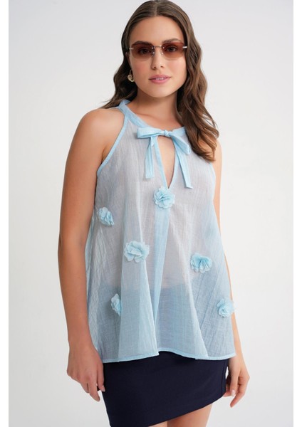 4719 Kadın Çicek Detaylı Transparan Bağlamalı Bluz Bebe Mavi fırsatları