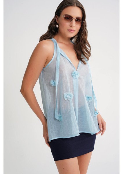 4719 Kadın Çicek Detaylı Transparan Bağlamalı Bluz Bebe Mavi indirimleri