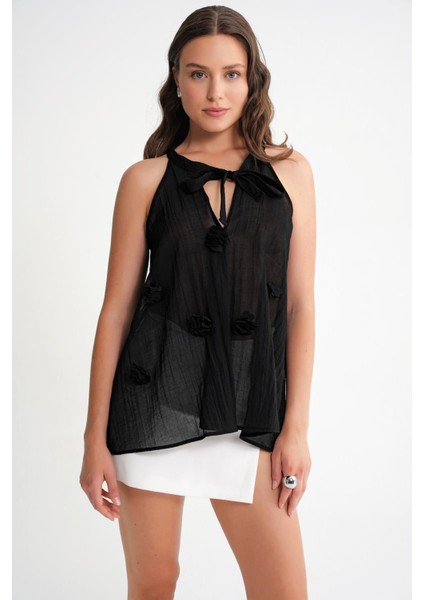 4719 Kadın Çicek Detaylı Transparan Bağlamalı Bluz Siyah
