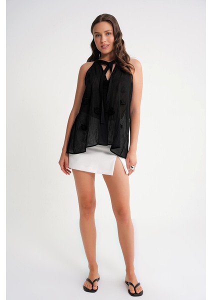4719 Kadın Çicek Detaylı Transparan Bağlamalı Bluz Siyah fiyatları