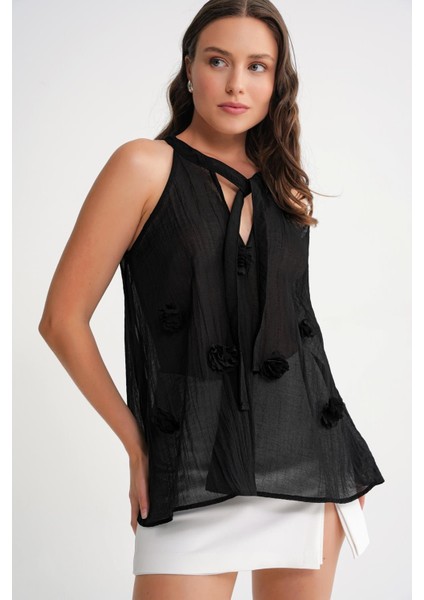 4719 Kadın Çicek Detaylı Transparan Bağlamalı Bluz Siyah modelleri