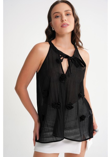 4719 Kadın Çicek Detaylı Transparan Bağlamalı Bluz Siyah fırsatları