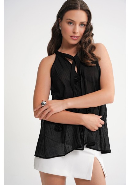 4719 Kadın Çicek Detaylı Transparan Bağlamalı Bluz Siyah indirimleri