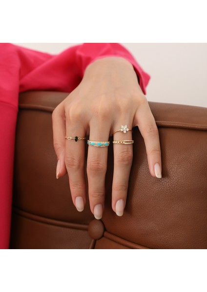 14 Ayar Altın Mavi Mineli ve Desenli Yüzük