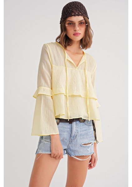 4735 Kadın Uzun Kollu Fırfırlı Bağlamalı Bluz Sarı