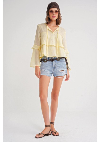 4735 Kadın Uzun Kollu Fırfırlı Bağlamalı Bluz Sarı fiyatları