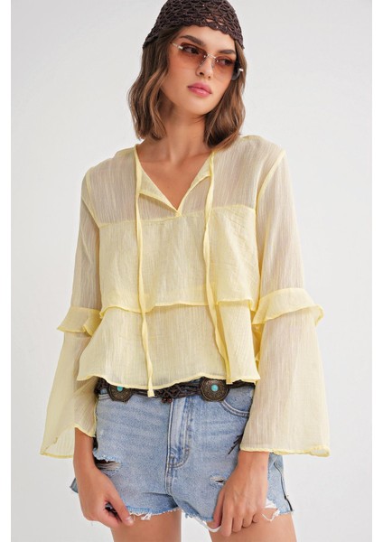 4735 Kadın Uzun Kollu Fırfırlı Bağlamalı Bluz Sarı modelleri