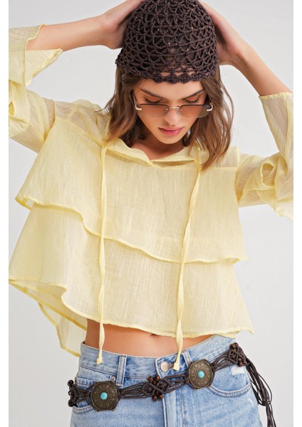 4735 Kadın Uzun Kollu Fırfırlı Bağlamalı Bluz Sarı fırsatları