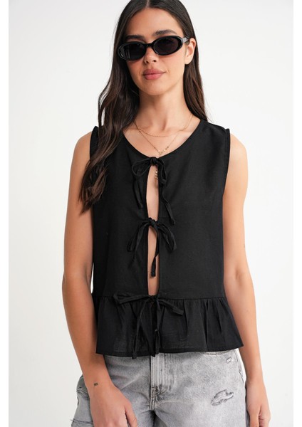 4717 Kadın Önü Bağcıklı Fırfırlı Kolsuz Keten Bluz Siyah