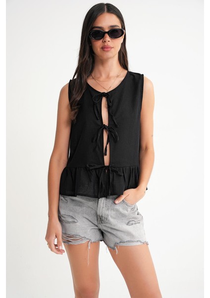 4717 Kadın Önü Bağcıklı Fırfırlı Kolsuz Keten Bluz Siyah fiyatları