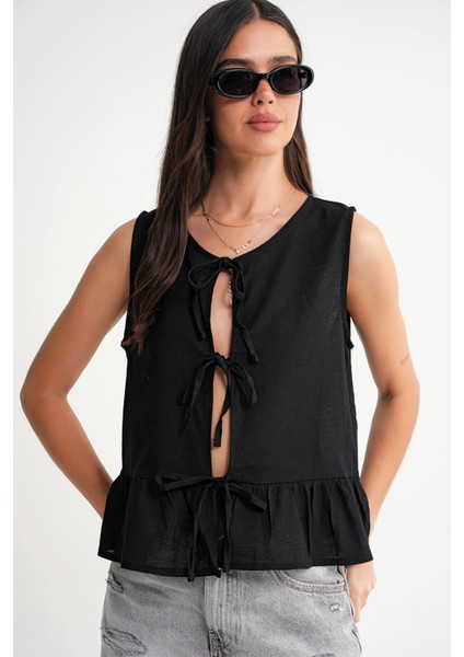 4717 Kadın Önü Bağcıklı Fırfırlı Kolsuz Keten Bluz Siyah modelleri