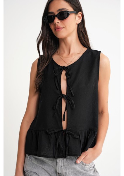 4717 Kadın Önü Bağcıklı Fırfırlı Kolsuz Keten Bluz Siyah fırsatları