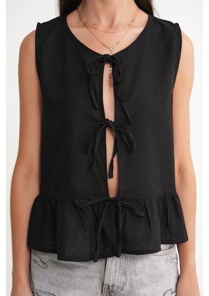 4717 Kadın Önü Bağcıklı Fırfırlı Kolsuz Keten Bluz Siyah indirimleri