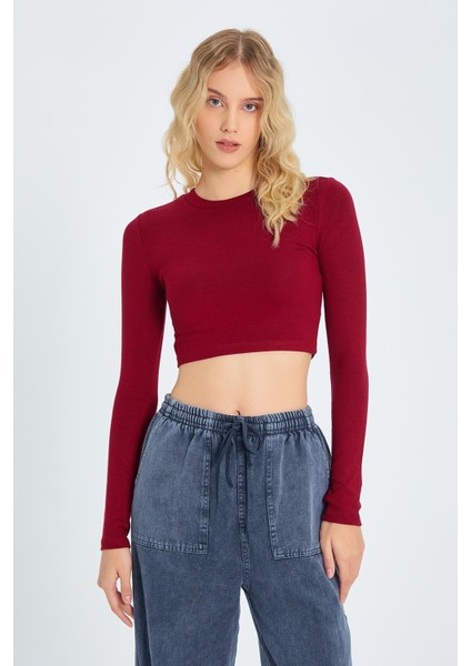 2005 Kadın Bisiklet Yaka Parmak Geçmeli Crop Örme Bluz Bordo