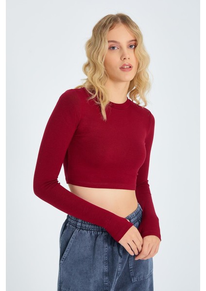 2005 Kadın Bisiklet Yaka Parmak Geçmeli Crop Örme Bluz Bordo modelleri