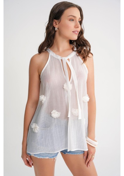 4719 Kadın Çicek Detaylı Transparan Bağlamalı Bluz Beyaz modelleri