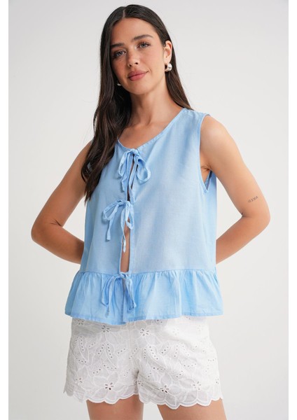4717 Kadın Önü Bağcıklı Fırfırlı Kolsuz Keten Bluz Mavi