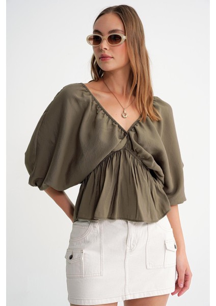 4703 Kadın V Yaka Lastikli Modal Bluz Haki fiyatları