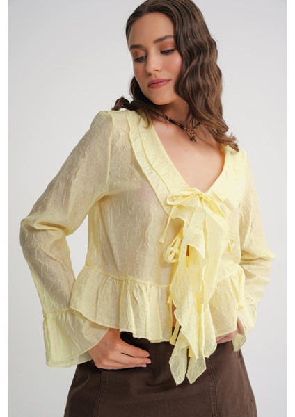 4727 Kadın Yakası Fırfırlı Kraşlı Bluz Sarı modelleri