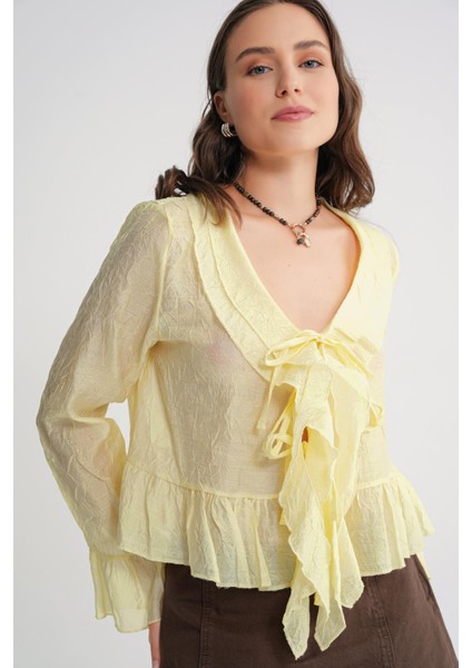 4727 Kadın Yakası Fırfırlı Kraşlı Bluz Sarı fırsatları