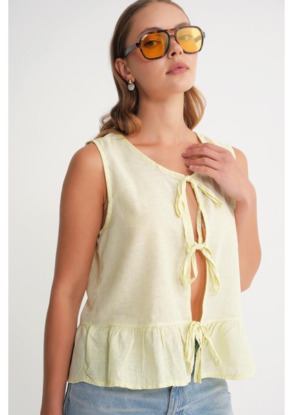 4717 Kadın Önü Bağcıklı Fırfırlı Kolsuz Keten Bluz Sarı fırsatları