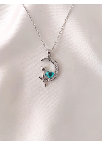 Kadın Çelik Zirkon Taşlı Hilal Kedili Kolye